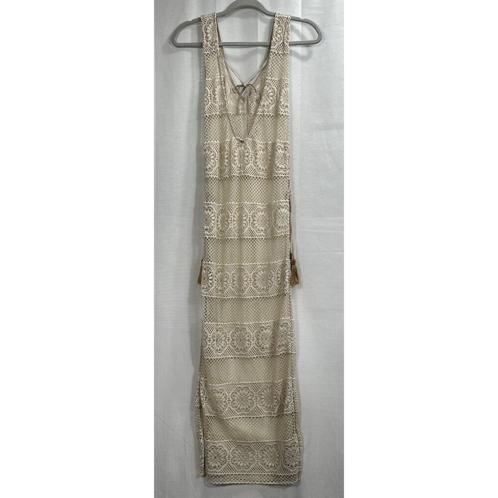 PilyQ Womens Lace Up Side V Neck Open Knit Cover Up Beige SzS Perfect For Beach - Picture 14 of 16